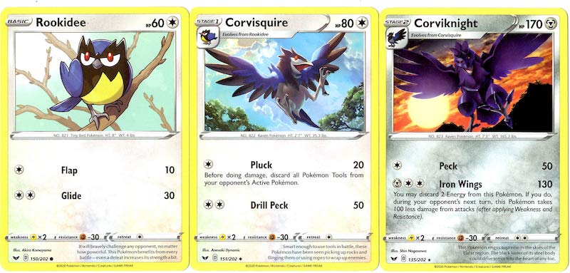 Rookidee-Corvisquire-Corviknight evoluce