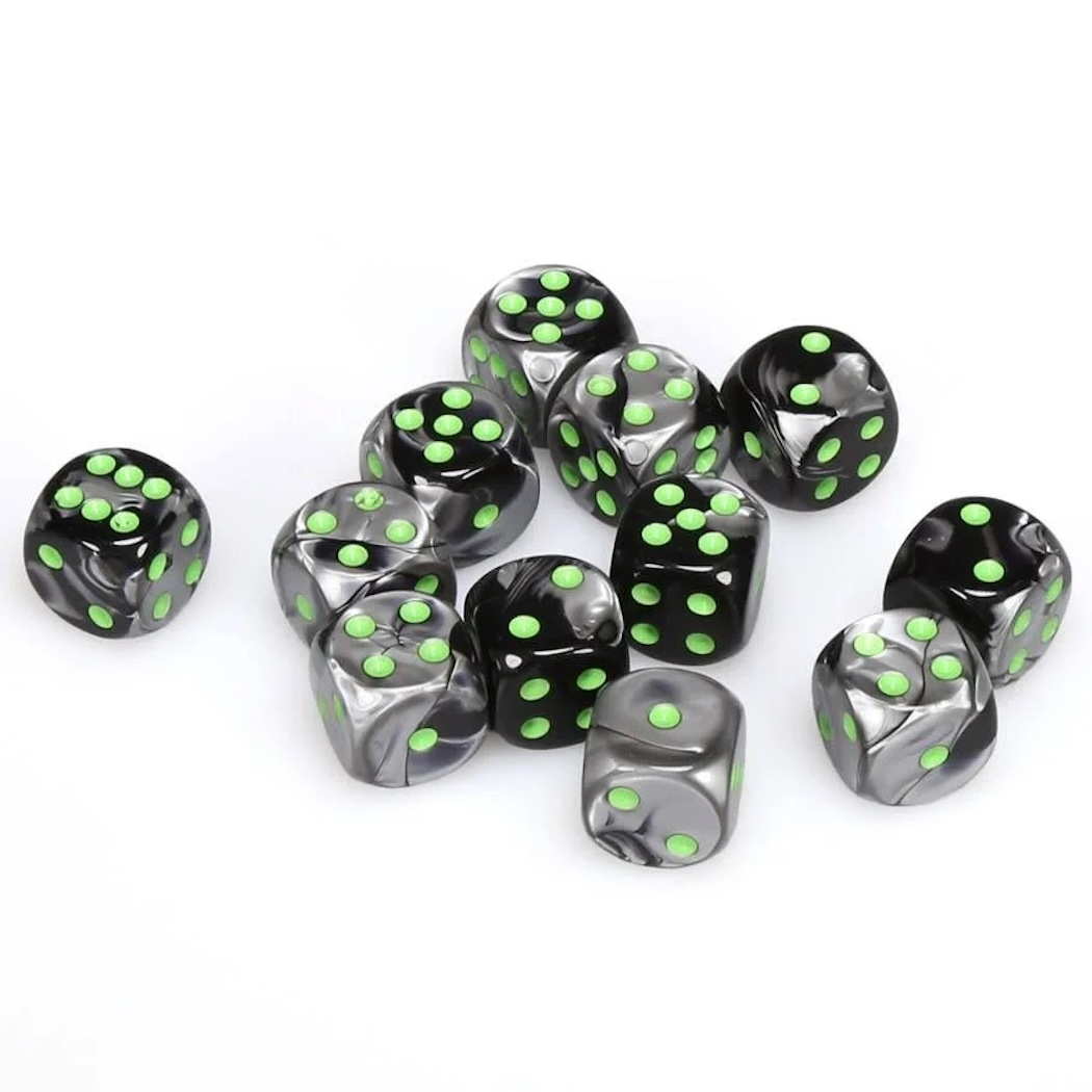 Chessex Sada 12 kostek D6 - Black-Grey / Green (Chessex)