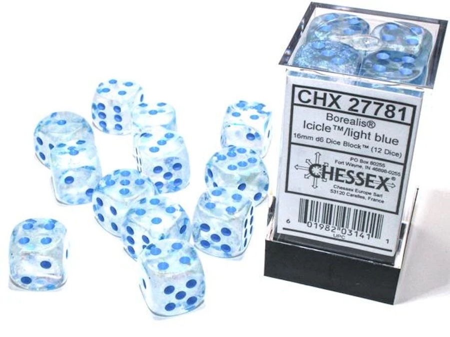 Chessex Sada 12 kostek D6 - Icicle / light blue Luminary (Chessex)