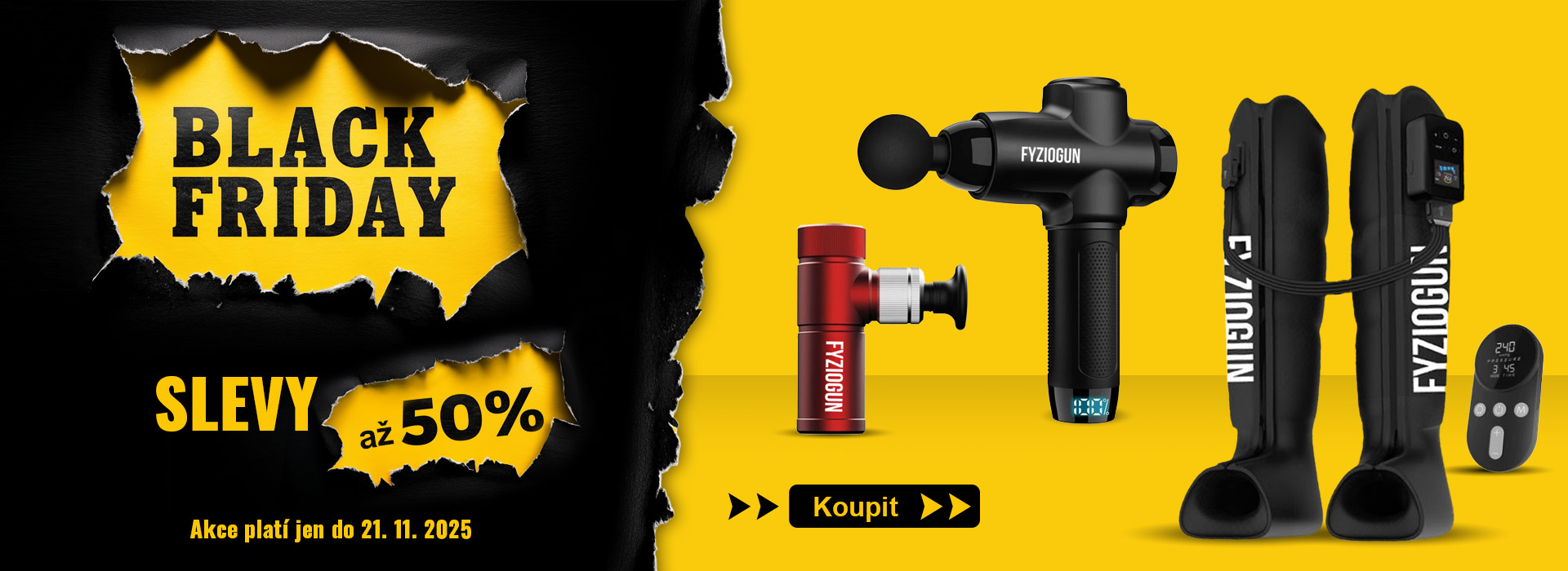 Black Friday akce na Fyziogun – slevy až 50 %. Na obrázku jsou zobrazené masážní pistole Fyziogun a kompresní regenerační kalhoty Fyziogun CompressFit na žlutém pozadí s černým nápisem Black Friday. Akce platí pouze do 21. 11. 2025.