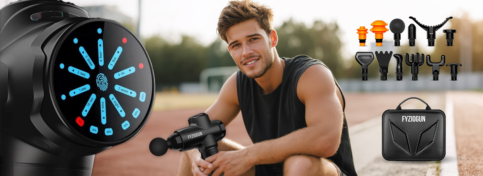 Masážní pistole Fyziogun PRO X10 s kapacitou 2500 mAh, zobrazená s nástavci a ochranným pouzdrem, určená pro uvolnění svalů a regeneraci po sportovním výkonu.
