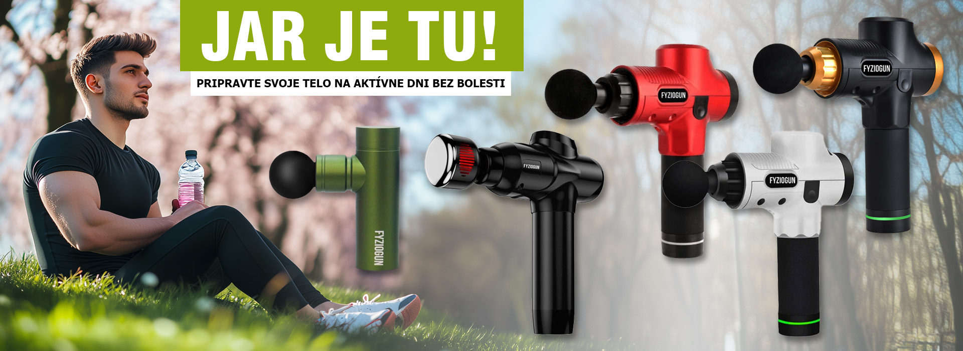 Jarná akcia na masážne pištole FyzioGun – profesionálne modely v rôznych farbách, ideálne na regeneráciu svalov po športe, zľavy a doprava zdarma
