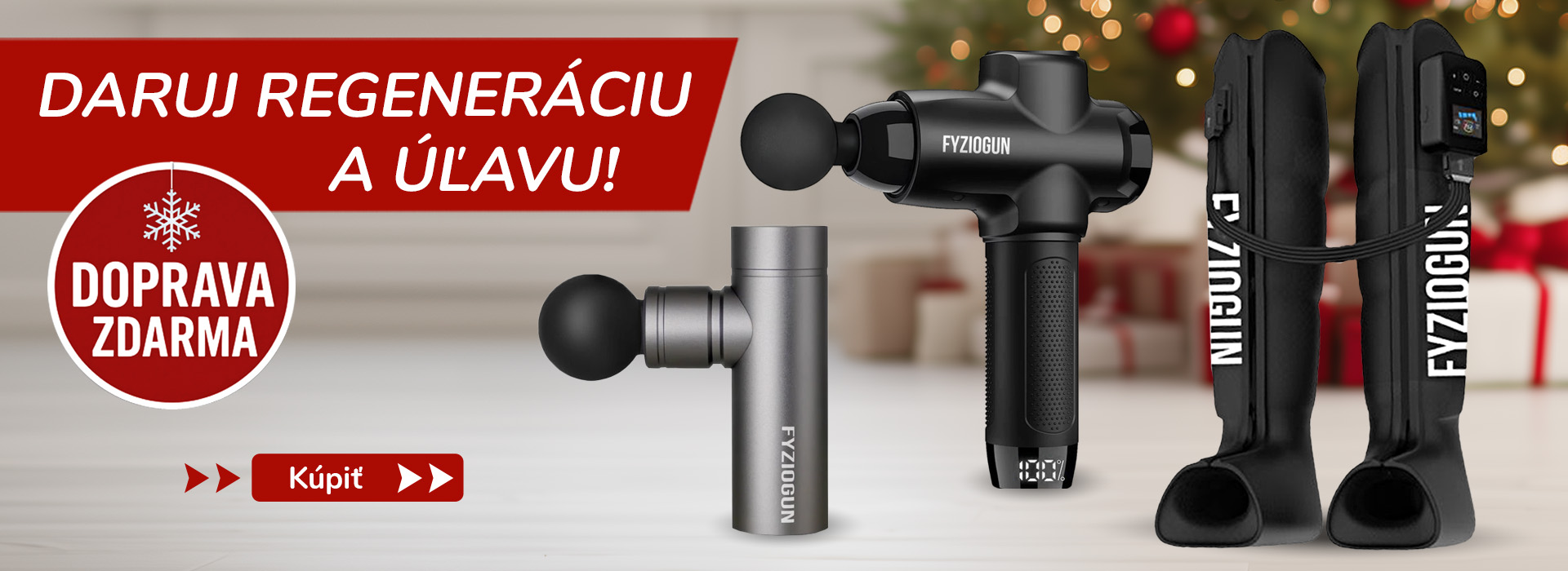 Vianočný propagačný banner s textom „DARUJ REGENERÁCIU A ÚĽAVU!“ a zvýrazneným „DOPRAVA ZDARMA“. Na obrázku sú tri masážne pištole Fyziogun rôznych veľkostí a farieb (čierna, malá strieborná, malá červená) a súprava kompresných masážnych nohavíc na nohy F