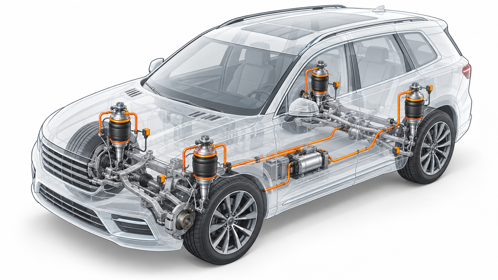 Technická ilustrace vzduchového podvozku automobilu