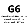 G6 – vel. 46, obvod hrudníku 113 cm, obvod pasu 96 cm, obvod sedu 107 cm
