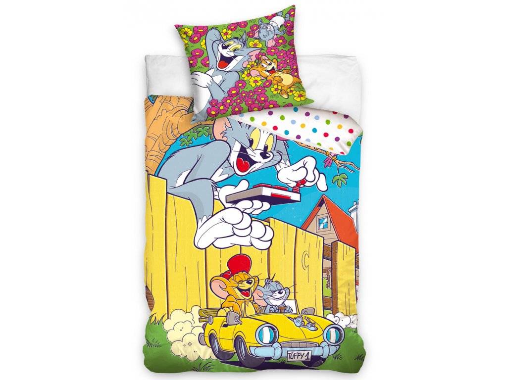 Carbotex Detské obliečky Tom & Jerry v žltom kabriolete Rozmer: 1x70x90 / 1x140x200 cm