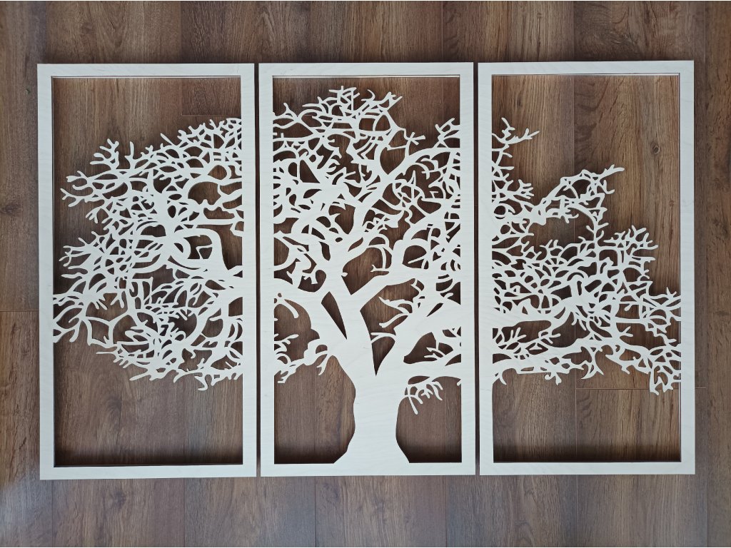 Dřevěný vyřezávaný obraz strom života 3 dílný světlý