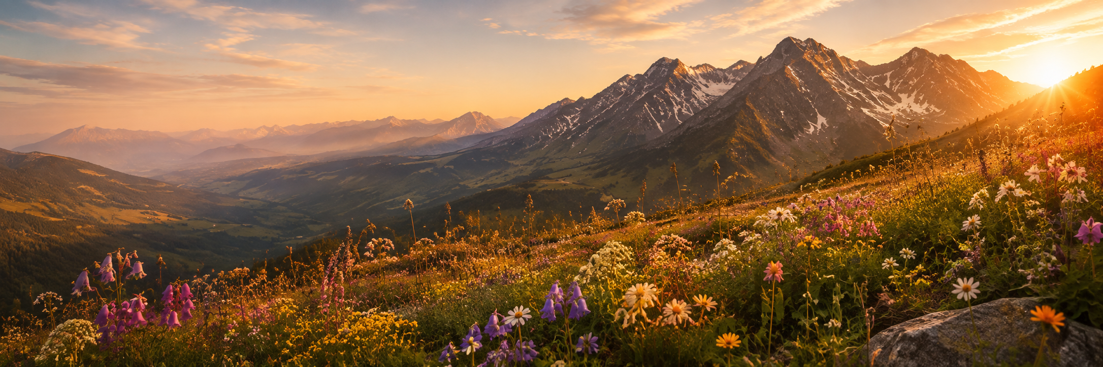 Tatry a rozkvitnutá horská lúka pri západe slnka