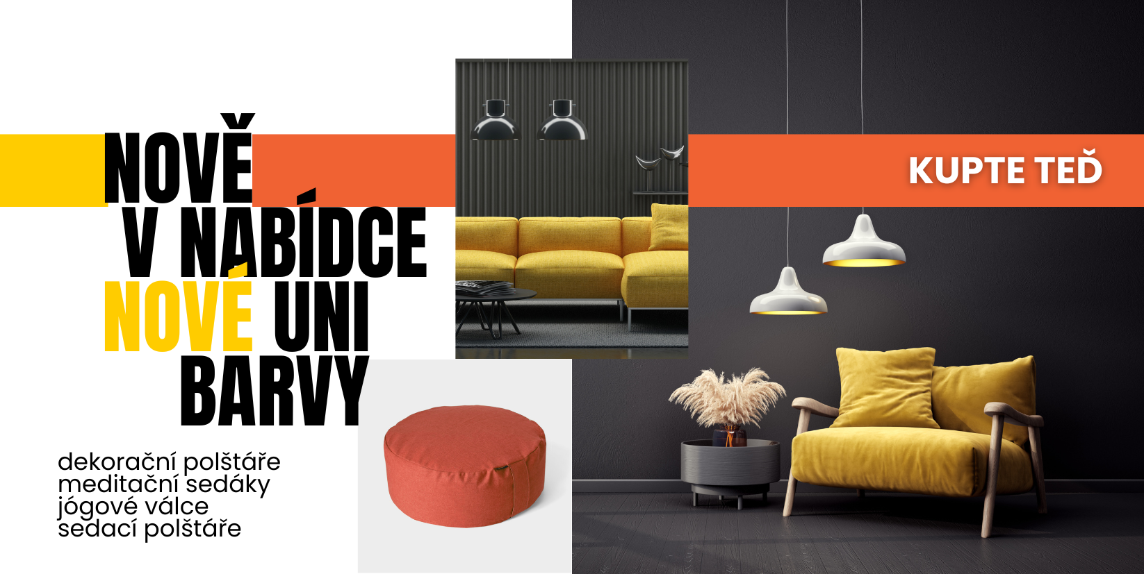 Zobrazená kolekce zahrnuje polštář, sedák a jógový válec, všechny vyrobené z jednobarevných látek. Produkty kombinují minimalistický design a vysoký komfort, ideální pro moderní interiéry a relaxaci.