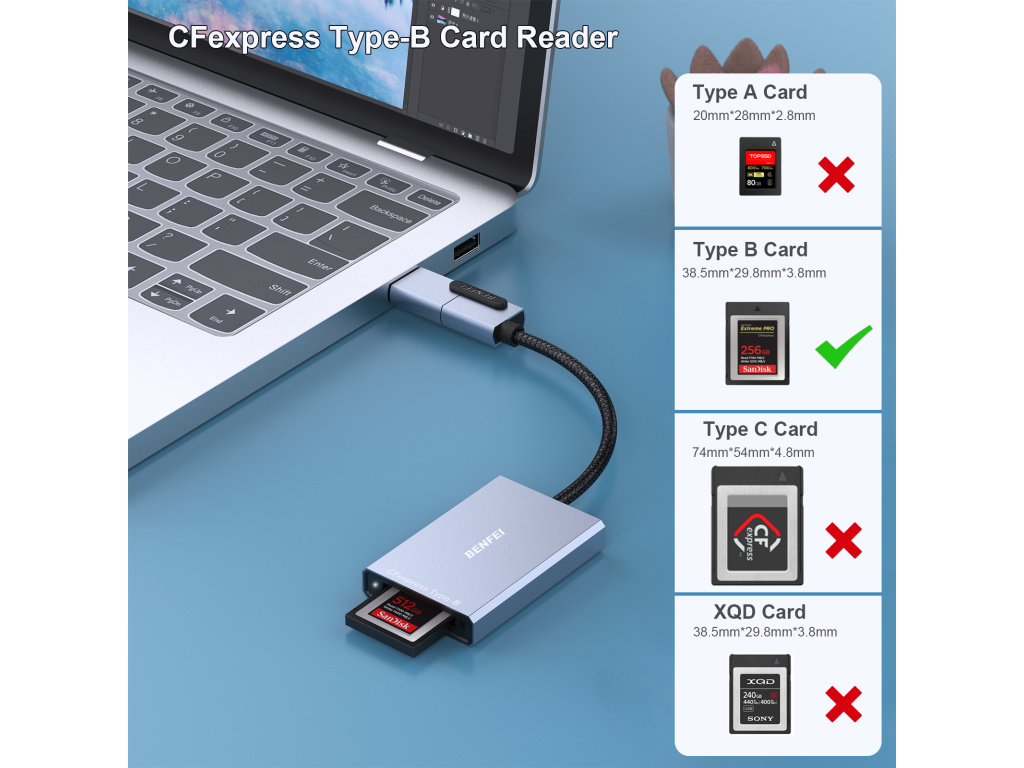 BENFEI CFexpress Type B čtečka paměťových karet s USB 3.2 (Gen 2) 10Gbps, USB-C a USB-A 2v