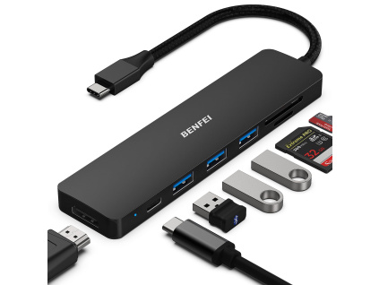 BENFEI USB-C HUB 7v1: HDMI, USB 3.0, čtečka karet a Power Delivery (černý)