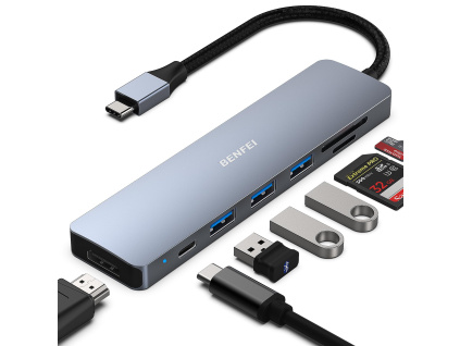 BENFEI USB-C HUB 7v1: HDMI, USB 3.0, čtečka karet a Power Delivery (šedý)