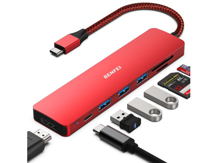 BENFEI USB-C HUB 7v1: HDMI, USB 3.0, čtečka karet a Power Delivery (červený)