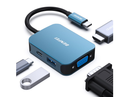 BENFEI USB-C HUB 4v1: HDMI, VGA, USB 3.0 a Power Delivery (modrý)