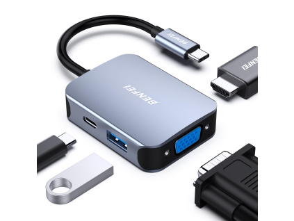 BENFEI USB-C HUB 4v1: HDMI, VGA, USB 3.0 a Power Delivery (šedý)