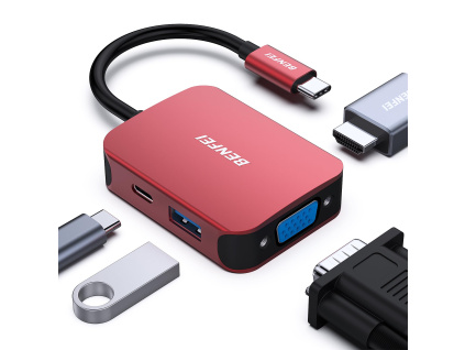 BENFEI USB-C HUB 4v1: HDMI, VGA, USB 3.0 a Power Delivery (červený)