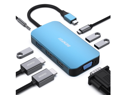 BENFEI USB-C HUB 8v1: HDMI, VGA, USB 3.0, Power Delivery a AUX (modrý)