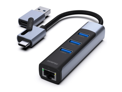 BENFEI USB-C/USB 3.0 Adaptér 2v1: Gigabit Ethernet a USB port (šedý)