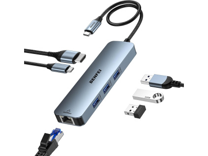 BENFEI 6v1 USB-C HUB s HDMI (4K@60Hz), Gigabit Ethernet, 100W Power Delivery, 3x USB 3.0