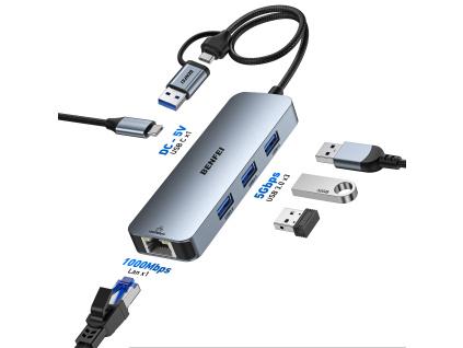 BENFEI USB-C na Gigabit Ethernet adaptér, 3-portový USB 3.0 hub s RJ45