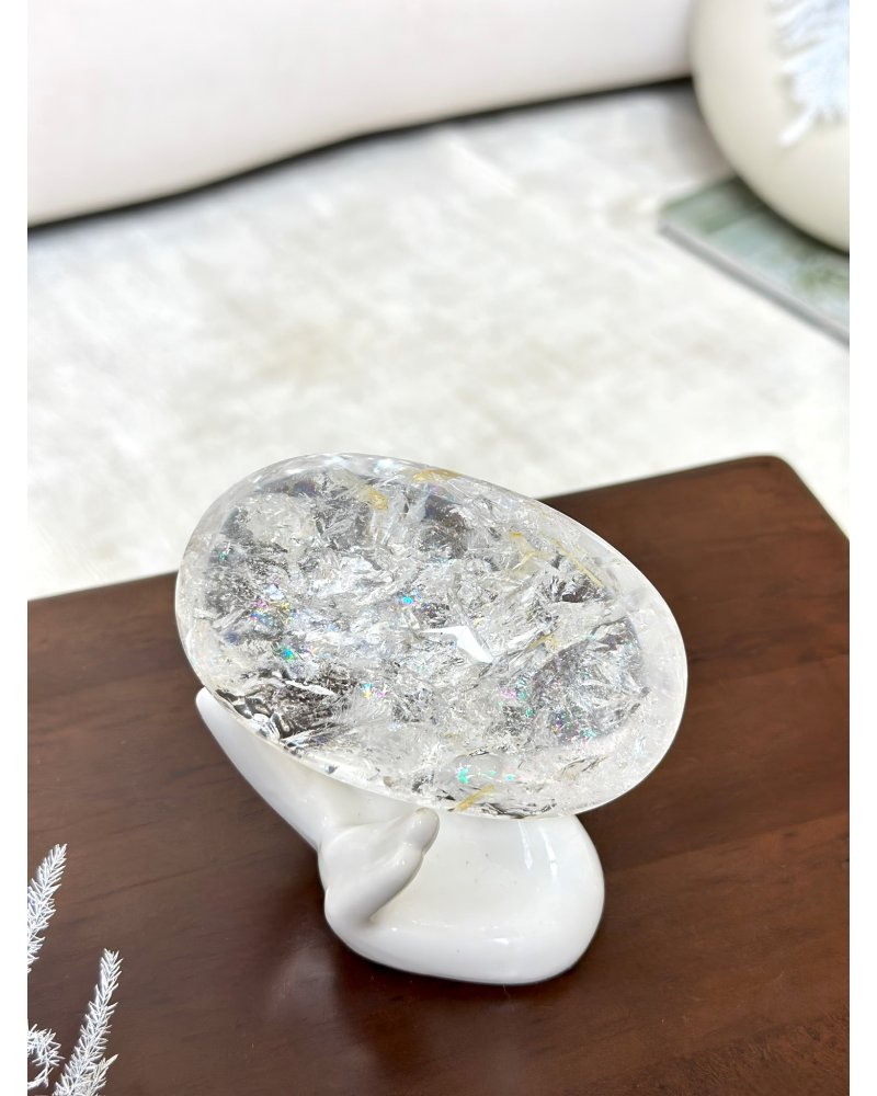 Ručně broušený křišťál a zlatý léčitel plný duhy, Madagaskar 291g AAA