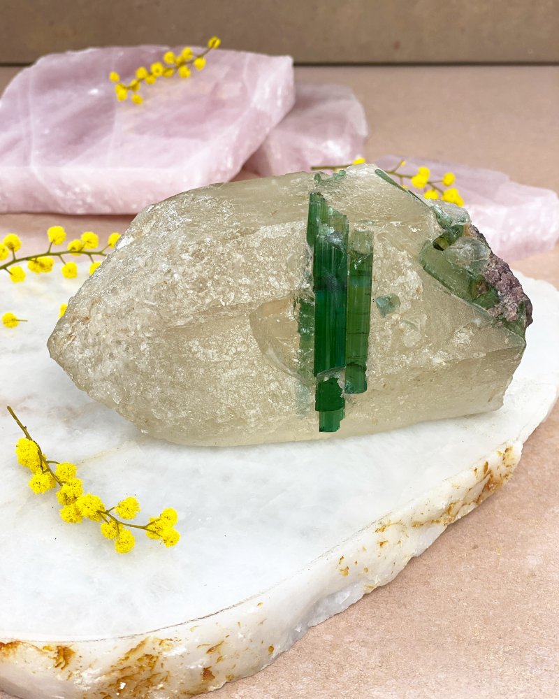 Luxusní krystal citrínu a turmalínu surová srostlice Brazílie 745g