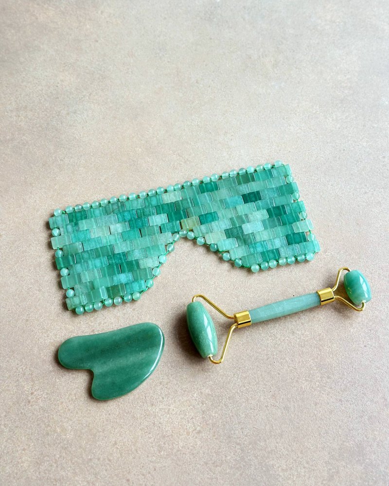 Dárkový masážní set roller, gua sha a maska z jadeitu zeleného