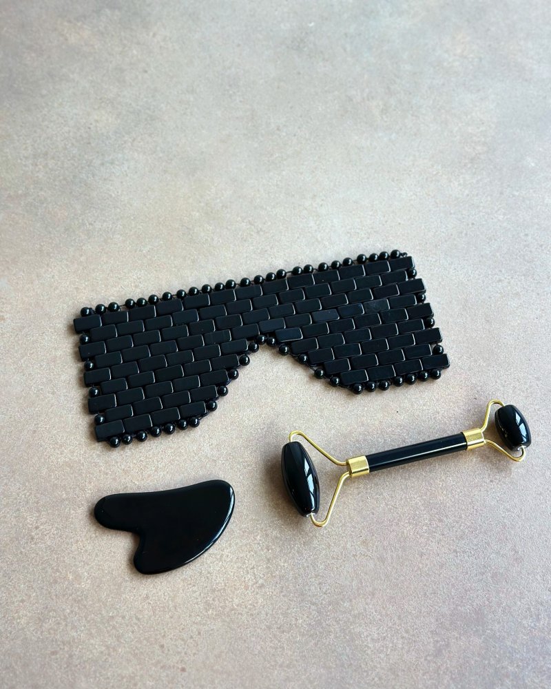 Dárkový masážní set roller, gua sha a maska z obsidiánu