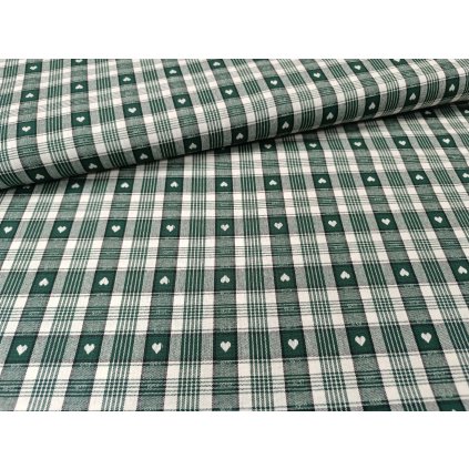 Dekoračná látka zelené káro so srdiečkami