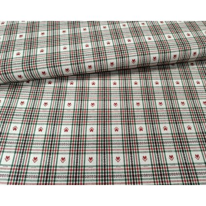 Dekoračná látka červeno-zelené káro so srdiečkami