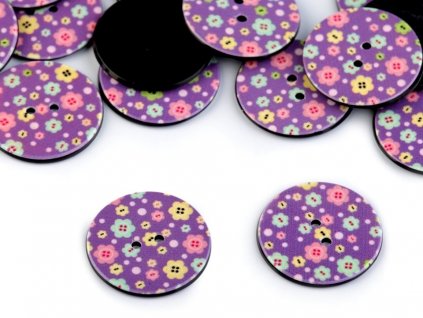 Knoflík plastový 40" - květy na fialové