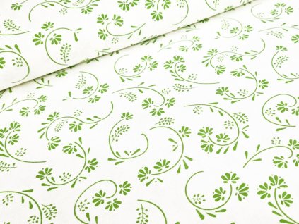 Bavlněné plátno - Zelené větvičky na bílé