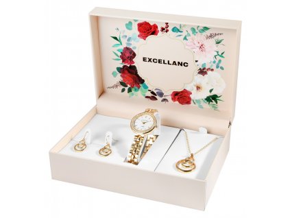 Dárková sada Excellanc s dámskými hodinkam, náušnicemii a náhrdelníkem ve zlaté barvě