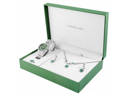 Dárková sada hodinek, prstenu, náušnic a náhrdelníku Excellanc barva provedení stříbrno/smaragdová