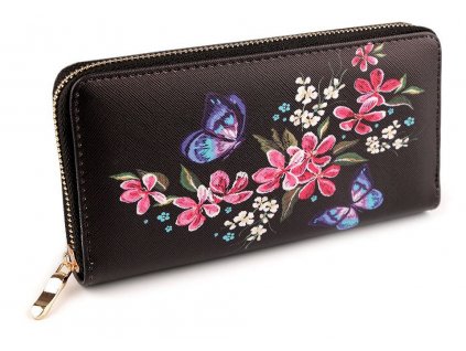 Dámská peněženka květy a motýli černé provedení 10x19 cm