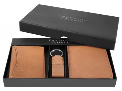 Darčeková sada Leonardo Verrelli s peňaženkou, kľúčenkou a puzdrom na kreditné karty hnedá