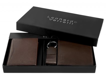 Darčeková sada Leonardo Verrelli s peňaženkou, kľúčenkou a puzdrom na kreditné karty hnedá tmavá
