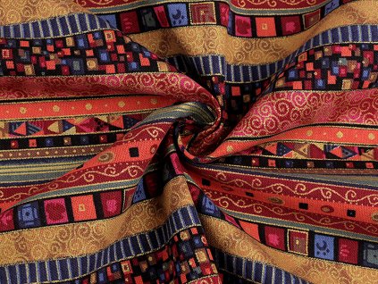 Bavlněná látka / plátno se zlatým potiskem - africký, etnický styl (Varianta 1 červená tmavá, Balení 1 m)