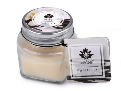 Malá vonná svíčka ve skle s jmenovkou 28 g (Varianta 1 (Vanilla) krémová světlá, Balení 1 ks)