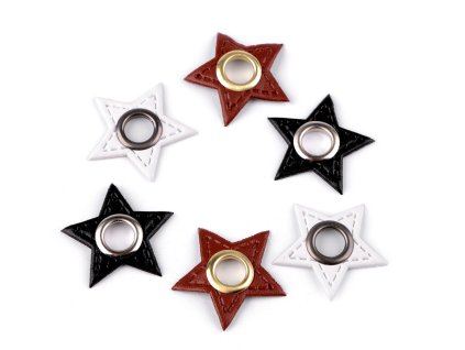Průchodka s koženkovou hvězdou k našití, průvlek 8 mm (Varianta 1 bílá černý nikl, Balení 20 ks)
