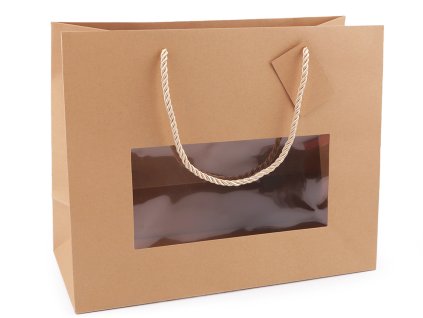 Papírová taška natural s průhledem a širokým dnem (Varianta hnědá přírodní, Balení 1 ks)