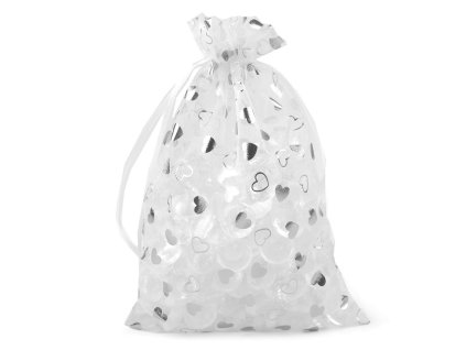 Dárkový pytlík srdíčka 14x21 cm organza (Varianta 1 bílá stříbrná, Balení 1 ks)