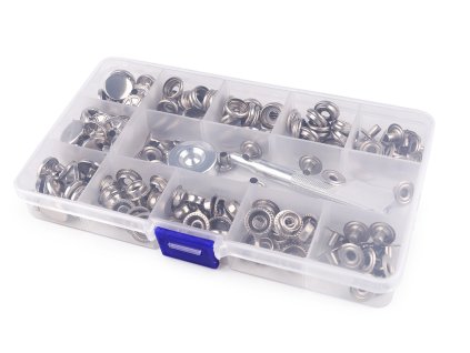 Sada stiskacích knoflíků s kroužkem Ø15 mm s razičem a průbojníkem, na silné látky (Varianta nikl, Balení 1 sada)