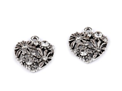 Kovový přívěsek / taháček na zip srdce, housle, korunka s broušenými kamínky (Varianta 1 platina srdce, Balení 2 ks)