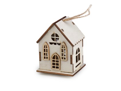 Dřevěný domeček svítící k zavěšení (Varianta 2 přírodní sv. stříbrná, Balení 1 ks)