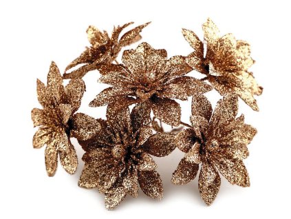 Výprodej - Vánoční květ na drátku s glitry - měděná 6ks