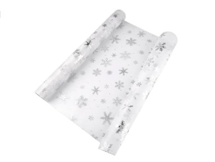 Výprodej - Vánoční organza s vločkami šíře 50 cm - bílá, stříbrná - 4,5m
