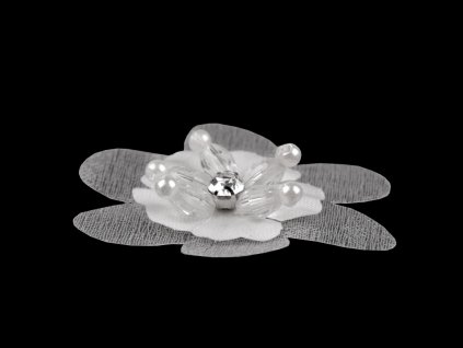 Květ s broušeným kamínkem a korálky k našití a nalepení Ø4,5 cm (Varianta 1 bílá, Balení 10 ks)