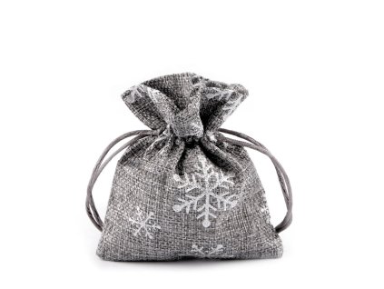 Vánoční dárkový pytlík vločky s glitry 10x13 cm imitace juty (Varianta šedá, Balení 10 ks)