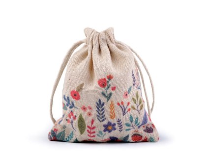 Dárkový pytlík jarní 10x13 cm lněný s květy (Varianta 2 režná, Balení 1 ks)